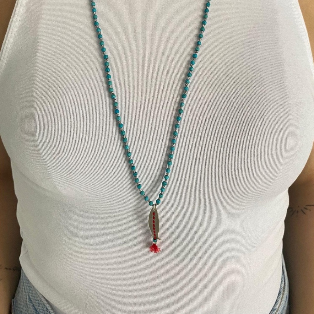 Dreamy Turquoise and Silver Fish Necklace with Red Accent